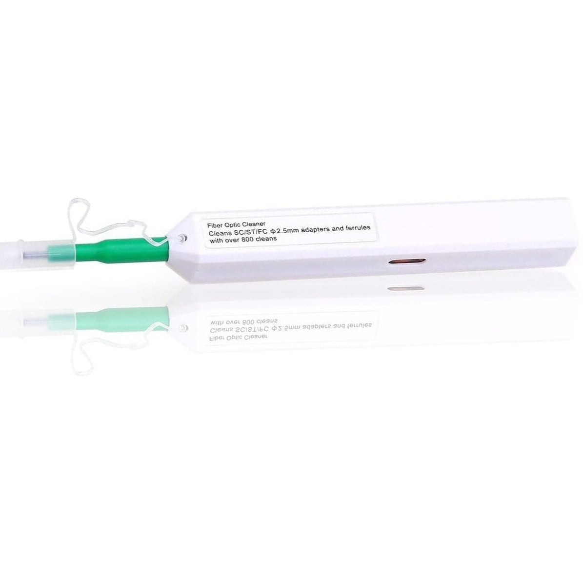 One-click fibre optic cleaning pen for 2.5mm SC, ST, and FC connectors, green/white – cleans over 800 fibre end-faces, suitable for male and female connectors, ideal for fibre network panels, FTTH, and cable assembly.