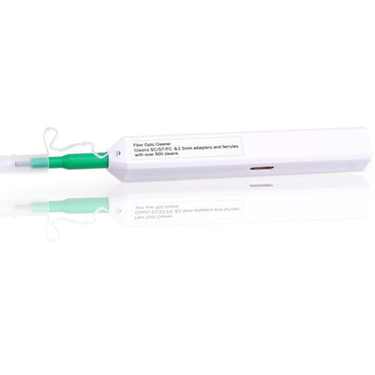 One-click fibre optic cleaning pen for 2.5mm SC, ST, and FC connectors, green/white – cleans over 800 fibre end-faces, suitable for male and female connectors, ideal for fibre network panels, FTTH, and cable assembly.
