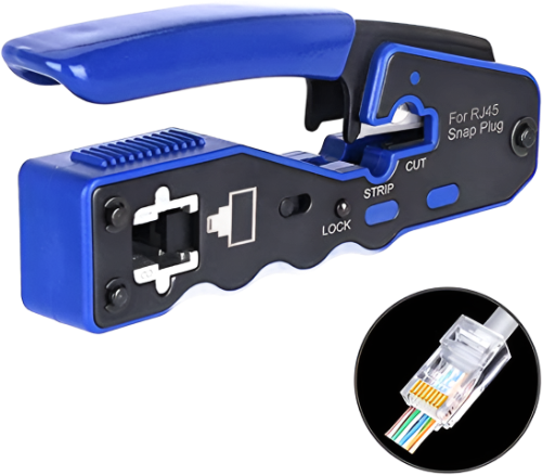 Introducing the RJ45 Cutting, Stripping and Crimping Tool from FIBAsource Ltd, equipped with a blue handle designed for cutting, stripping, and locking operations. Its RJ45 connector highlights its essential function in assembling Ethernet cables.