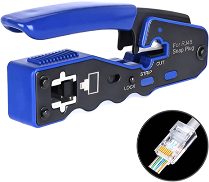 Introducing the RJ45 Cutting, Stripping and Crimping Tool from FIBAsource Ltd, equipped with a blue handle designed for cutting, stripping, and locking operations. Its RJ45 connector highlights its essential function in assembling Ethernet cables.
