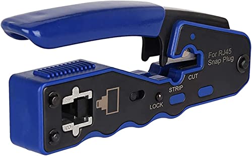 Close-up of the FIBAsource Ltd RJ45 Cutting, Stripping and Crimping Tool in blue and black, clearly labeled for its stripping, cutting, and locking capabilities. This precision-engineered pass-through crimping tool is perfect for precise work with snap plugs.