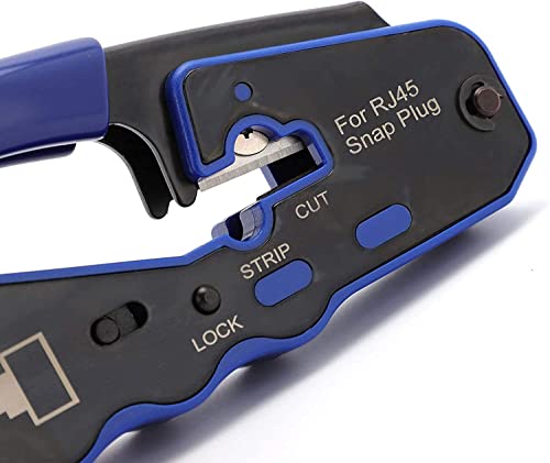 A close-up shot of the FIBAsource Ltd RJ45 Cutting, Stripping and Crimping Tool reveals its blue-accented design. The black handle is marked with settings for Strip, Cut, and Lock. The phrase "For RJ45 Snap Plug" is visible, highlighting its integrated blade made specifically for stripping and cutting cables accurately, ideal for handling RJ45 connectors with precision.