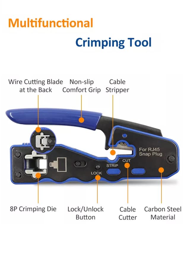 Image of the RJ45 Cutting, Stripping and Crimping Tool by FIBAsource Ltd. Features highlighted include a wire cutting blade, a non-slip comfort grip, a cable stripper, an 8P crimping die, a lock/unlock button, a cable cutter made from carbon steel material. Perfect as a pass-through crimping tool for efficient network connections.