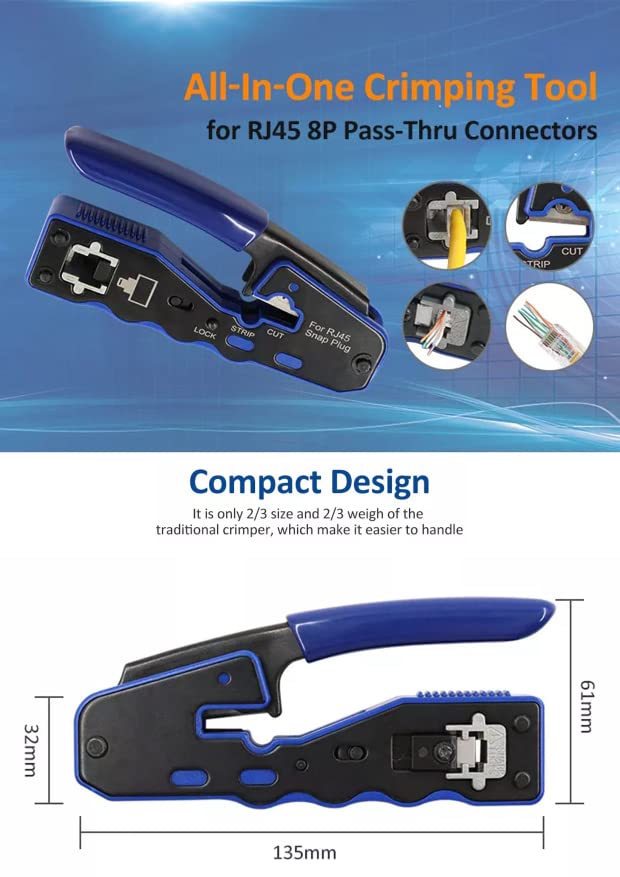 Image of the RJ45 Cutting, Stripping and Crimping Tool by FIBAsource Ltd for 8P pass-through connectors. Features a blue and black handle with a compact design measuring 135mm in length, 32mm in width, and 61mm in depth. Includes text highlighting its ease of handling.