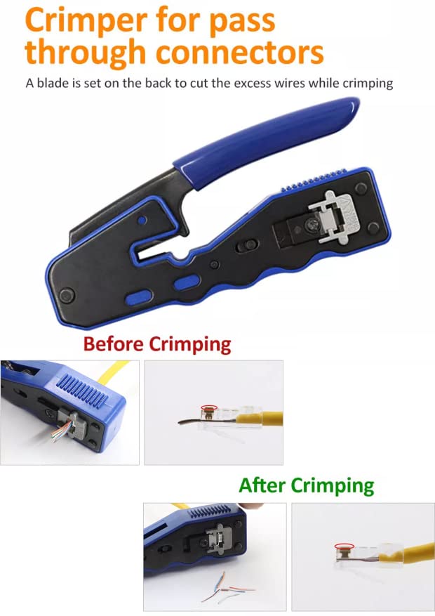 The illustration displays the FIBAsource Ltd RJ45 Cutting, Stripping and Crimping Tool, which comes equipped with a blue and black handle. Insets demonstrate the tool's functionality: initially, wires protrude from an RJ45 connector; following crimping, they are cleanly trimmed. Accompanying text highlights the efficiency of the crimping process.