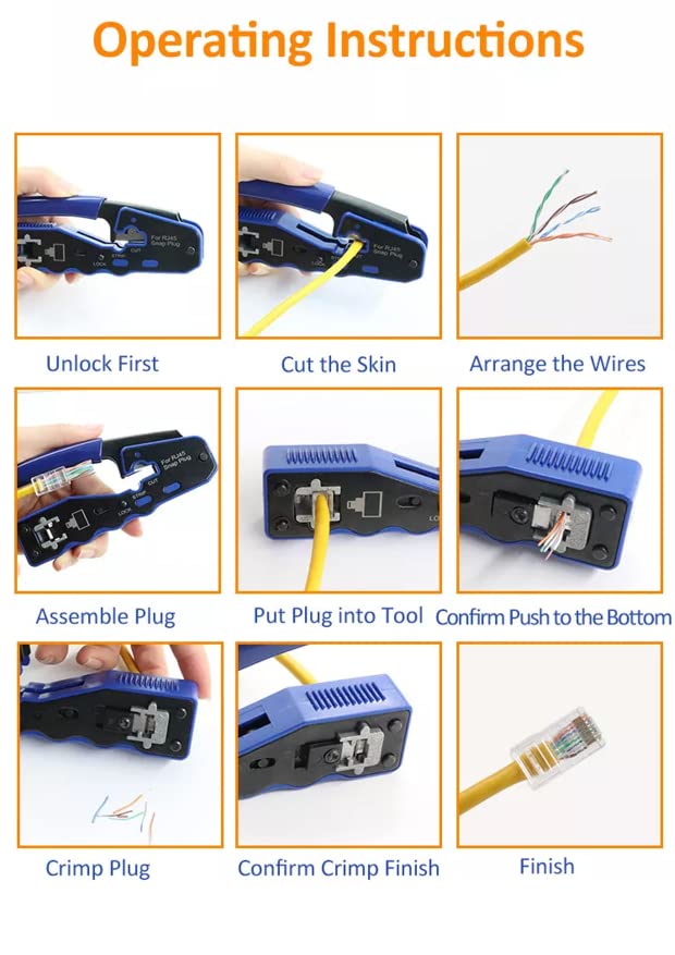 Instructional image demonstrating the steps to crimp a network cable using the FIBAsource Ltd RJ45 Cutting, Stripping and Crimping Tool: unlock tool, cut insulation, arrange wires, assemble RJ45 connector, insert connector into tool, push fully, crimp plug, check the connection, and finish. Includes photos of each step with accompanying text labels.