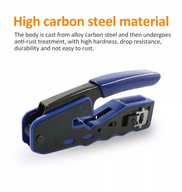 A FIBAsource Ltd RJ45 Cutting, Stripping and Crimping Tool, designed in blue and black with high carbon steel construction, is displayed next to a network crimper. Text above emphasizes its durability, hardness, drop resistance, and rust resistance.