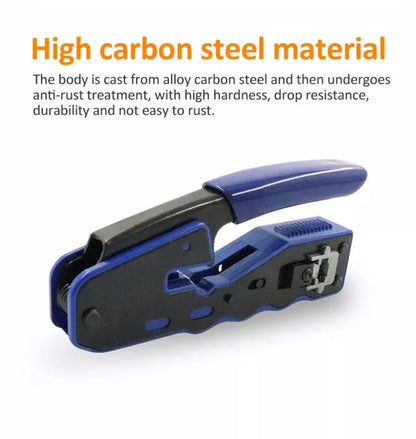 A FIBAsource Ltd RJ45 Cutting, Stripping and Crimping Tool, designed in blue and black with high carbon steel construction, is displayed next to a network crimper. Text above emphasizes its durability, hardness, drop resistance, and rust resistance.