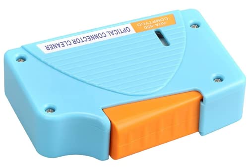 FIBAsource fibre optic cleaning box for FC, SC, and LC end-faces and optical connectors, blue/orange – lightweight, anti-static cleaning cassette with 500+ swipes per tape, ideal for removing contaminants from fibre connectors.