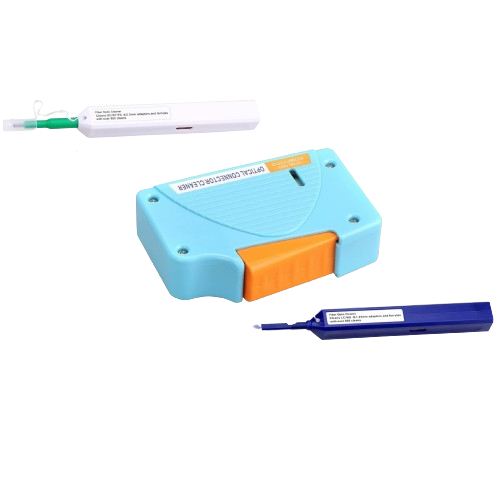 Three FIBAsource fibre optic cleaners: one-click cleaning pen for 1.25mm LC/MU connectors (blue), one-click cleaning pen for 2.5mm SC/ST/FC connectors (green/white), and fibre optic cleaning box for FC, SC, and LC end-faces (blue/orange) – essential tools for precise fibre optic maintenance.