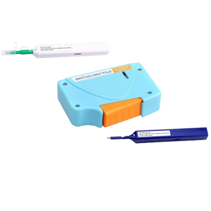 Three FIBAsource fibre optic cleaners: one-click cleaning pen for 1.25mm LC/MU connectors (blue), one-click cleaning pen for 2.5mm SC/ST/FC connectors (green/white), and fibre optic cleaning box for FC, SC, and LC end-faces (blue/orange) – essential tools for precise fibre optic maintenance.