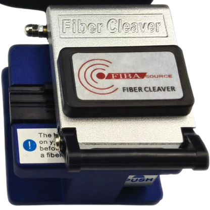 A silver and blue Fibre Optic Cleaver from FIBAsource Ltd, displaying their logo, is equipped with precision cleaving technology. It features a distinctive black component at the front and includes a push button on the base.