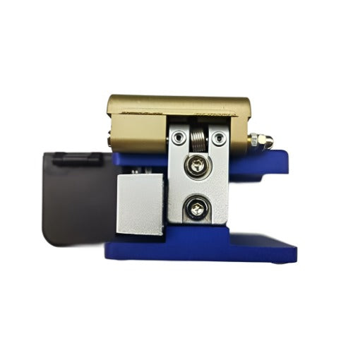 The Fibre Optic Cleaver With 2x Options - Catcher and Plastic Protective Case/ Nylon Case by FIBAsource Ltd features a sleek blue and metallic design, revealing screws and components. Its precision-engineered blade rotation mechanism ensures accurate cutting of fiber optic cables.