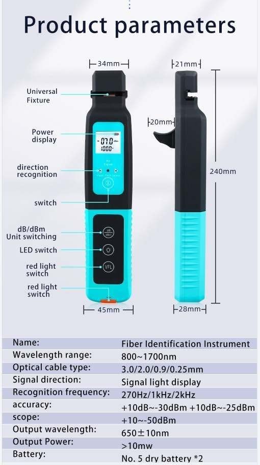 FIber Identifier for detecting live fibres in fibre optic networks, available at FIBAsource. Stats and dimensions