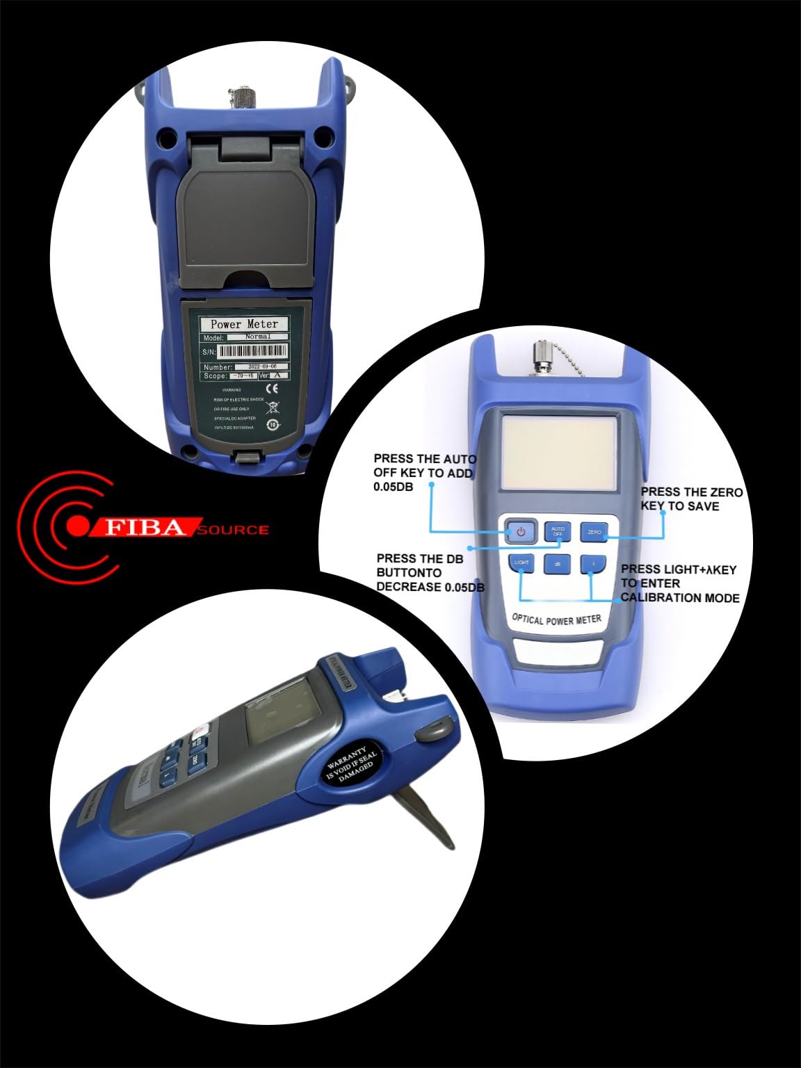 Picture showcasing a blue Fiber Optic Power Meter from various angles, part of the 9 in 1 Fibre Optic Tool Kit by FIBAsource Ltd. The device includes a digital display, buttons, and fiber optic connectors. Instructions can be seen around the device along with the FIBAsource Ltd logo.