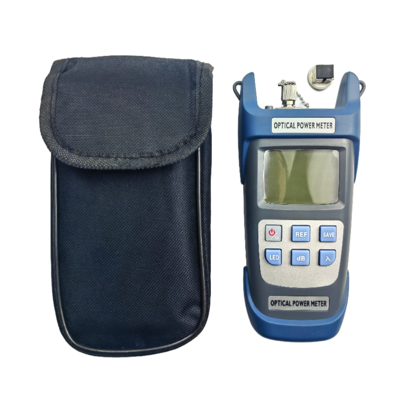 The Fibre Optical Power Meter by FIBAsource Ltd, in blue and gray, is equipped with a digital screen and multiple buttons for measuring seven wavelengths. It sits beside a black carrying case that is compatible with SC, ST, and FC interfaces against a bright white background.