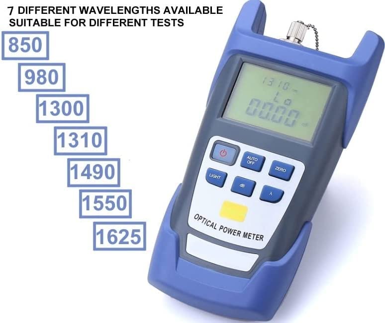 Handheld Optical Power Meter for measuring fibre optic signal strength, available at FIBAsource (wavelengths)