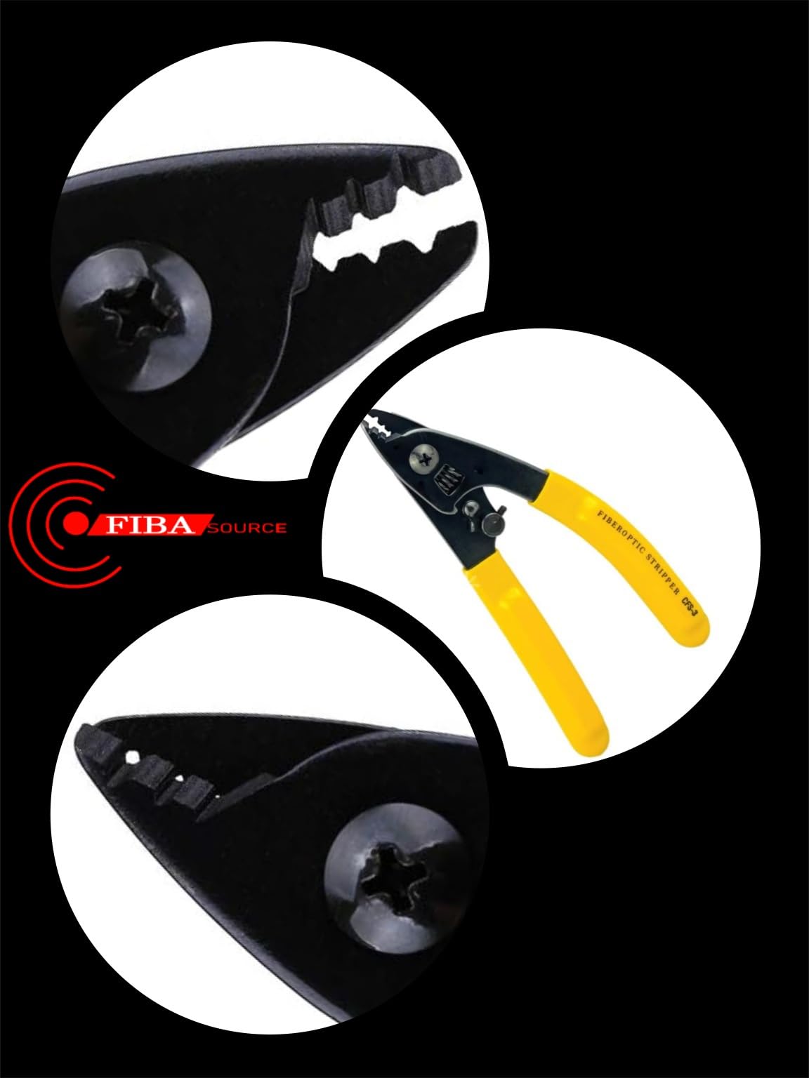 A collage featuring two close-up images and one full view highlights the wire stripping and cutting pliers with yellow handles, a crucial component of the 9 in1 Fibre Optic Tool Kit. The tool offers multiple functional sections, while a red FIBAsource Ltd logo is prominently displayed against the black background.