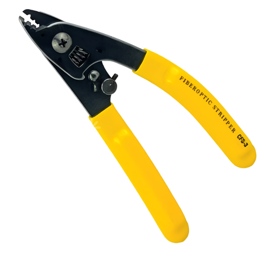 Introducing the Fibre Optic Three Hole Pigtail Pliers from FIBAsource Ltd—featuring yellow handles and durable black metal jaws. These pliers are perfect for stripping optical fibre cables, and come conveniently labeled as FIBEROPTIC STRIPPER CFS-3 on one handle to enhance precision and simplify your fiber projects.