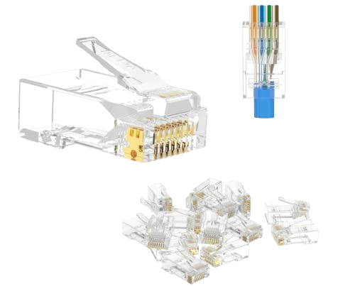 A set of FIBAsource Ltd RJ45 Connector CAT6, Cat5E/Cat5 20 Pack includes transparent modular Ethernet cable connectors. One open connector showcases the internal wiring, surrounded by several closed connectors, with one uniquely featuring colored wires prominently positioned at the top.