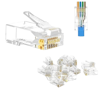 A set of FIBAsource Ltd RJ45 Connector CAT6, Cat5E/Cat5 20 Pack includes transparent modular Ethernet cable connectors. One open connector showcases the internal wiring, surrounded by several closed connectors, with one uniquely featuring colored wires prominently positioned at the top.