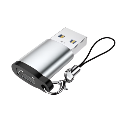 The FIBAsource Ltd USB 3.0 Male to Type C Female Adaptor, featuring a sleek design in silver and black, connects easily to a small keychain loop. It includes a protective cap on the USB connector and ensures quick data transfer speed for efficient file management when used with a compatible USB flash drive.