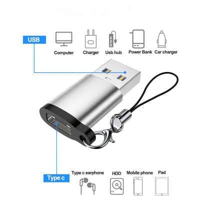 The USB 3.0 Male to Type C Female Adaptor from FIBAsource Ltd, equipped with a keychain loop and icons indicating fast charge capability, is compatible with computers, chargers, USB hubs, power banks, car chargers, Type C earphones, HDDs, mobile phones, and pads to ensure optimal data transfer speed.