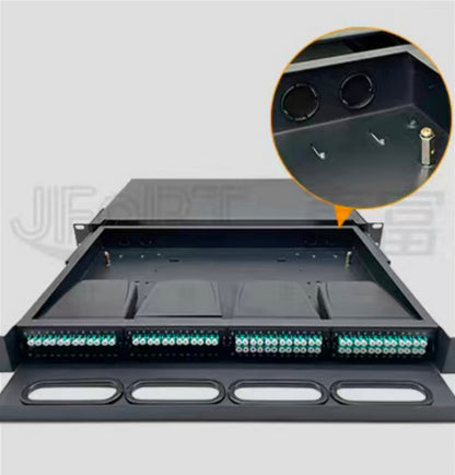 FIBAsource 1U 96 Core MPO/MTP Fibre Patch Panel — LC OM4 Duplex, Sliding Drawer, Modular Cassette Design