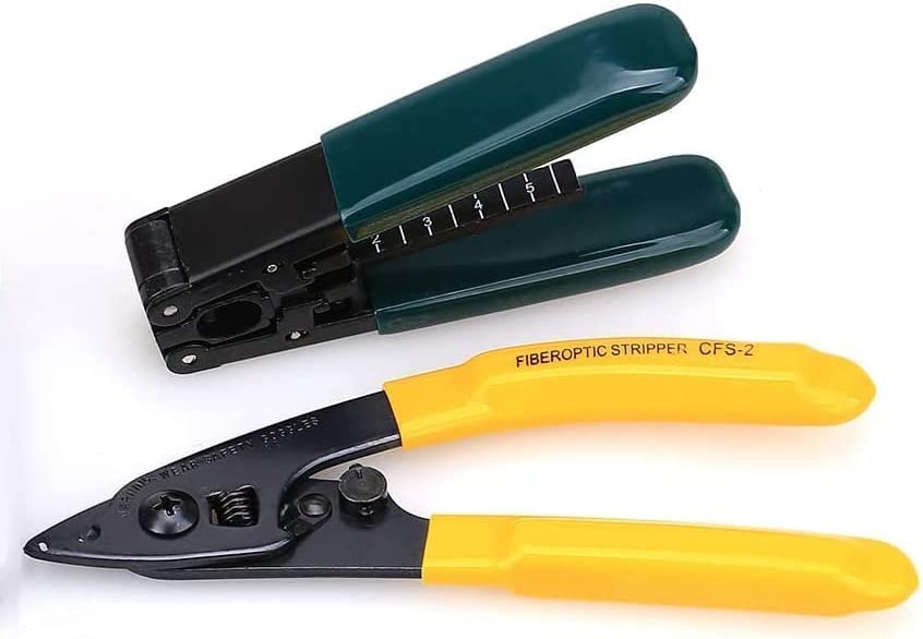 A set of fiber optic cable tools from FIBAsource Ltd: one tool with green and black handles featuring a Tungsten Steel Blade, and another tool with yellow handles labeled as Fibre Optic Stripper CFS-2.