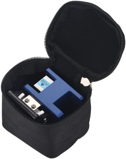 A compact black zippered case from FIBAsource Ltd holds a blue and black device, which appears to be the FIBAsource Optical Fibre Cleaver 6 in 1 Tool Kit. The device showcases some visible metal components and features a white and blue label inside. The case is open, revealing the securely placed tool within.