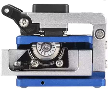 A close-up image shows the FIBAsource Optical Fibre Cleaver 6 in 1 Tool Kit by FIBAsource Ltd, featuring a compact mechanical design with a silver and blue casing. The cleaver includes a small adjusting dial with numbers, visible gears, and a black lever on top, indicating its use as a specialized tool or machinery component.