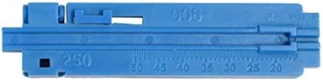 Here is a revised version of the sentence using the given product data:

The FIBAsource Optical Fibre Cleaver 6 in 1 Tool Kit includes a blue plastic caliper with measurement markings ranging from 0 to 70, perfect for use alongside a fibre optic stripper. It features a sliding mechanism for precise measurements, and displays the numbers 250 and 006 on its surface.